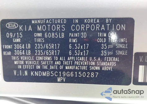2016 Kia Sedona Lx из США, поврежденный, VIN KNDMB5C19G6150287